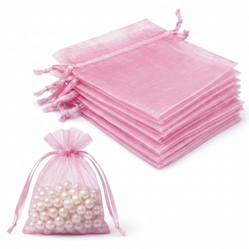 Lafefe 20 sacchetti regalo in organza, 7 x 9 cm, trasparenti, con coulisse, per bomboniere, feste, festival, caramelle e giochi – rosa