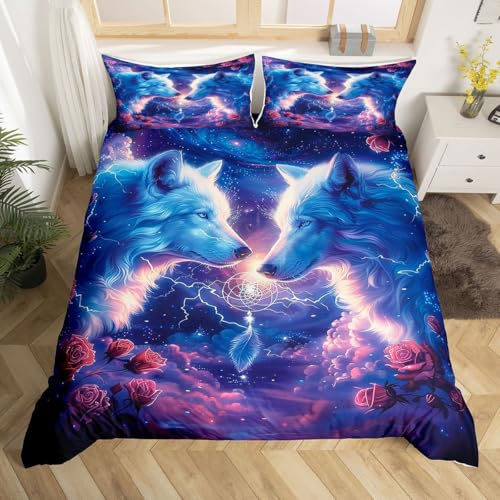 richhome Wolf Bettwäsche Set 135x200cm Tierwölfe Bettwäsche-Set für Jungen Mädchen Galaxy Bettbezug Set Schlafzimmer Dekor 2Stück Reißverschluss mit 1 Kissenbezug 80x80cm