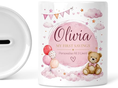 Personalised Baby Money Box - Pink Teddy Ceramic Piggy Bank | Three editable text lines; first savings or a special occasion; design printed on both sides