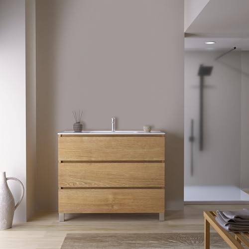 Feel Your Bath Mueble de Baño Jaguar 100 cm Marrón Madera, 3 Cajones Soft Close, Patas Negras, Encimera Cerámica Blanco Brillo con Lavabo, Diseño Moderno y Gran Almacenaje Práctico y Funcional