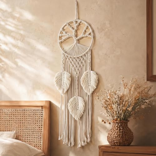 Baum des Lebens Traumfänger, Makramee Wandbehang, Traumfänger Bastelset, Boho-Traumfänger mit Federblatt, für Hochzeitsfeiern, Schlafzimmer, Kinderzimmer, Café, Zigeuner-Dekor Beige/Tree of Life