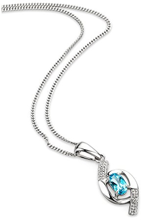 OROVI Schmuck Damen 0.01 Ct Diamant Halskette mit Anhänger Edelstein/Geburtsstein Topas in blau und Diamanten Brillanten Kette aus Weißgold 9 Karat / 375 Gold, länge 45 cm