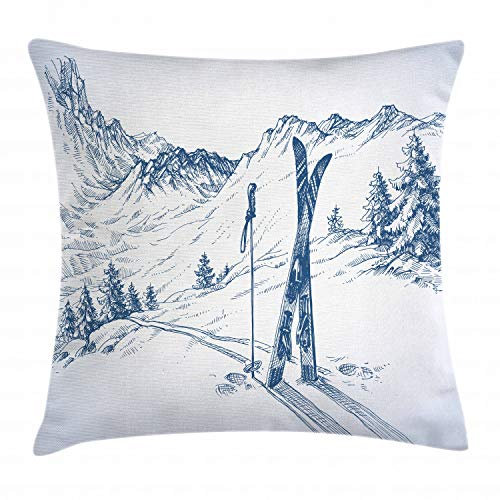 ABAKUHAUS Winter Kissenbezug, Ski Sport Mountain View, Seitenschläferkissenhülle ohne Kissen mit Reißverschluss und Beitseitigem Druck Waschbar, 45 x 45 cm, Blau Weiß