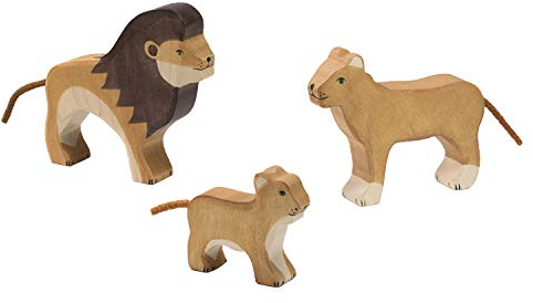 cama24com Holztiger Löwen Raubkatzen Set mit 3 Holzfiguren Safari Holzspielzeug Holztiere mit Palandi® Sticker