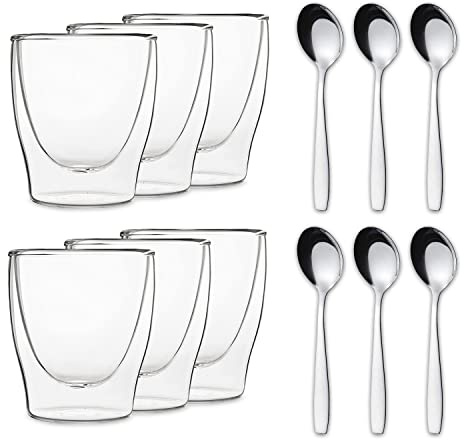 DUOS® Espressotassen Set 6x 80ml + 6x Löffel - Espresso Gläser, Espresso Tassen, Doppelwandige Gläser, Espressotasse, Espressotassen Glas, Thermogläser Doppelwandig, Latte Macchiato Gläser