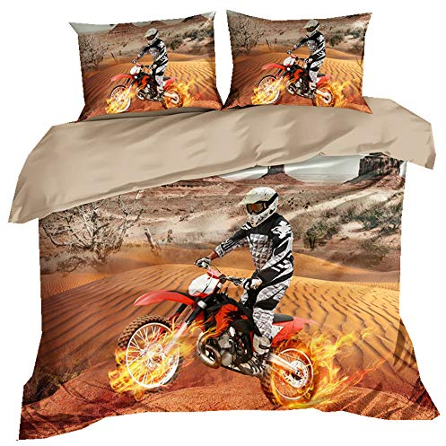 Stillshine Bettwäsche Einzelbett 135x200 3D Urban Harley Formelrennen Geländemotorrad Wüstenrennende Flamme Mehrfarbig Bettbezug und Kissenbezug Student Teenager Junge Mädchen