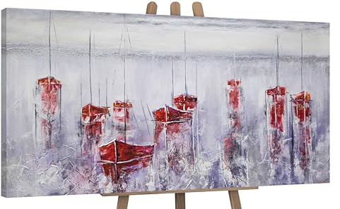 YS-Art Abstrakt Acryl Gemälde auf Leinwand handgemalt Stiller Hafen Wandbilder Wohnzimmer moderne Segelboote im Wasser Wohndekor Bilder echte Kunst 120x60 cm