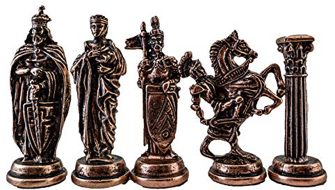 (Solo 32 piezas) Piezas de ajedrez hechas a mano de metal de cobre antiguo del ejército británico medieval real (sin tabla)