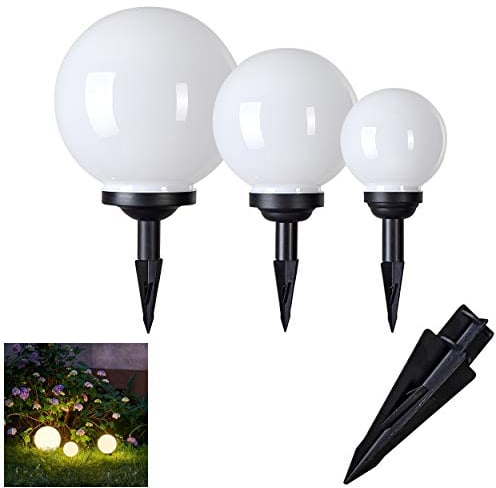 HOFSTEIN Solarleuchten Campinas, Kugellampen 3er Set, Kugelleuchten aus weißem Kunststoff Ø 15, 20 und 25 cm mit Erdspiess, Außenleuchten mit Ein/Aus-Schalter, Solarlampen 3000 Kelvin (warmweiß)
