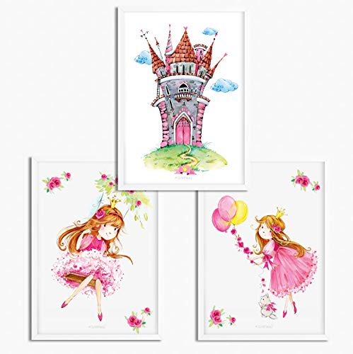 Sunnywall® 3er Set Poster Kinderzimmer - A4 Bilder Babyzimmer Kinderposter | OHNE Bilderrahmen | - Deko Mädchen Junge | Prinzessin rosa Schloss pink