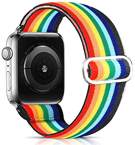 Elastisches Solo Loop Kompatibel mit Apple Watch Armband, Geflochtenes Muster Nylon Sport Armband für IWatch Series 6/SE/5/4/3/2/1 Strap,Regenbogen 42mm/44mm