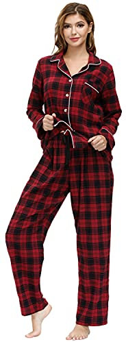 MoFiz Pyjama Femme Coton Ensemble de Pyjama Carreaux Vêtements de Nuit Boutonné à Manches Longues Pantalon avec Poches XL