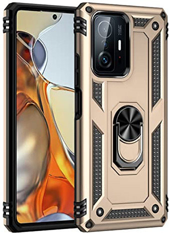 BestST Handyhülle für Xiaomi 11T/11T Pro + Displayschutz, Cover für Xiaomi 11T/11T Pro hülle, 360 Grad Drehbar Ringhalter Handytasche Case Handy Hüllen,Gold