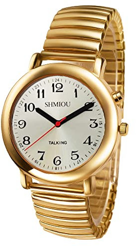 SHMIOU Montre parlante en anglais unisexe pour les personnes aveugles, malvoyantes, personnes âgées, bracelet extensible, cadre doré, cadran blanc à quartz avec alarme