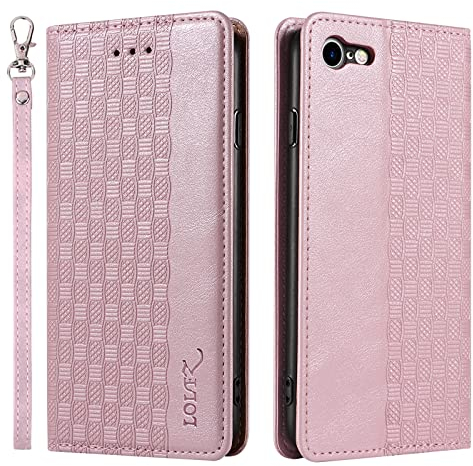 LOLFZ Hülle für iPhone 6 iPhone 6S, Leder Handyhülle Kartenfach Ständer Handschlaufe Magnetische Klappbare Stoßfeste Schutzhülle für iPhone 6/6S - Rosegold