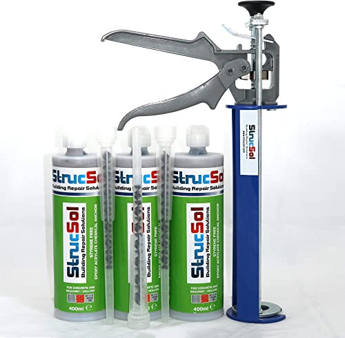 Strucsol Polyester Resin (400ml) Kit for Crack Stitch Masonry Repair Anchor Fixing Bolt Fixing (x3 Resin with nozzles and Resin Gun)