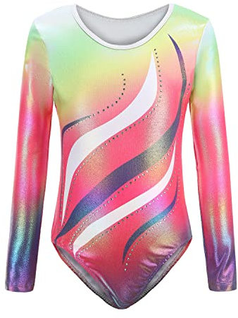 Sinoeem Gymnastikanzug Kinder Mädchen Langarm/Ärmellos Klassisch Turnanzug Ballettröckchen Trikotanzug Tanz Gymnastik Training Dancewear für Mädchen (Regenbogen-langarm, 5-6Jahre)