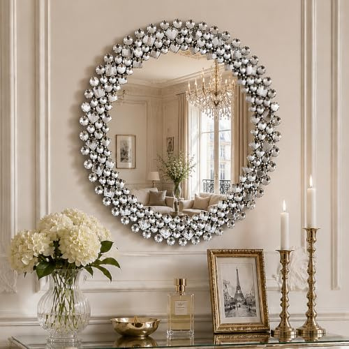 SHYFOY Wandspiegel mit Schmucksteinen, Silber, 45.7 cm, Runde Spiegel, Wanddekoration, Großer Spiegel, Kristall-Akzentspiegel für Wohnzimmer, Schlafzimmer, Kamin