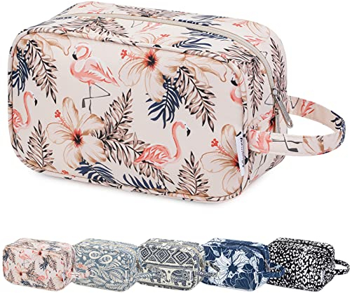 Narwey Schminktasche Kosmetiktasche Damen Wasserdicht Kulturbeutel Reise Kosmetik Organizer Stylisches Design Reise Essentials (Beige Flamingo)