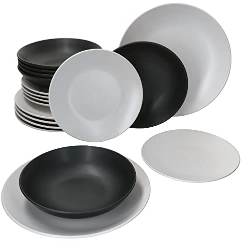 MamboCat Nero Bianco 18-tlg. Teller Set I 6 Personen I weißes & schwarzes Geschirr, matt I Speiseteller, Suppenteller & Kuchenteller I Steingut I Black & White I Essteller, Salat-Bowl, Desserteller