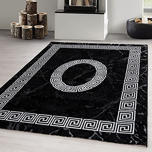 Carpetsale24 Teppich Wohnzimmer Marmor Optik mit Mäander Bordüre Muster Schwarz Meliert 280 x 370 cm - Kurzflor Teppich Schlafzimmer Pflegeleicht und Extra Weich Teppich Küche Esszimmer Kinderzimmer