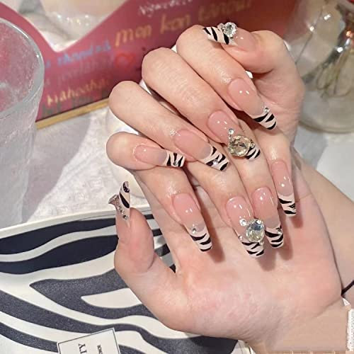 CEBOIC Faux Ongles, Press on Nails Ballerine Nu avec Strass et Rayures Zébrées, Kit Faux Ongles avec Colle Pour Femmes et Filles Tenues de Tous Jours et de Fête