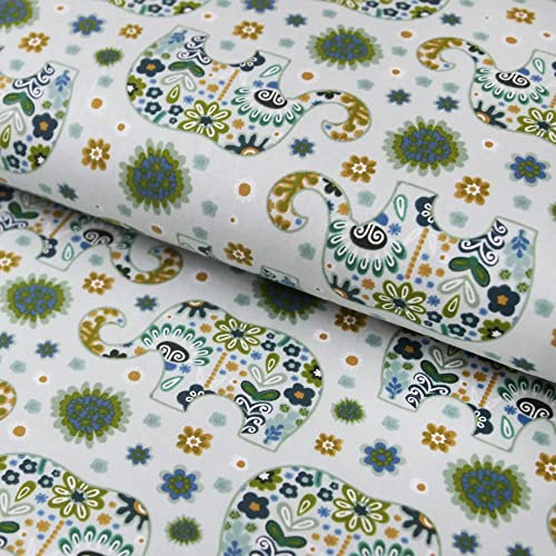 Baumwolljersey Elefanten Tiere Blumen - Stoff grün gelb olivegrün - ab 25 cm Länge