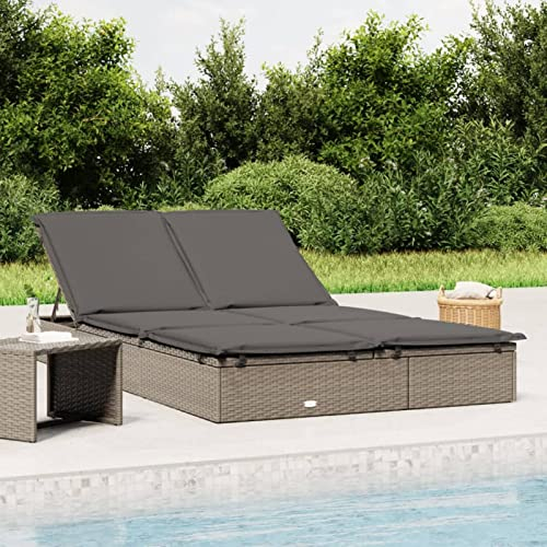 Homgoday Sonnenliegen 2 STK. Gartenliege Doppelliege Relaxliege Gartenmöbel Liege Strandliege mit Verstellbar Rücken Sonnenliege 2-Personen Grau 201x55x20 cm Poly Rattan