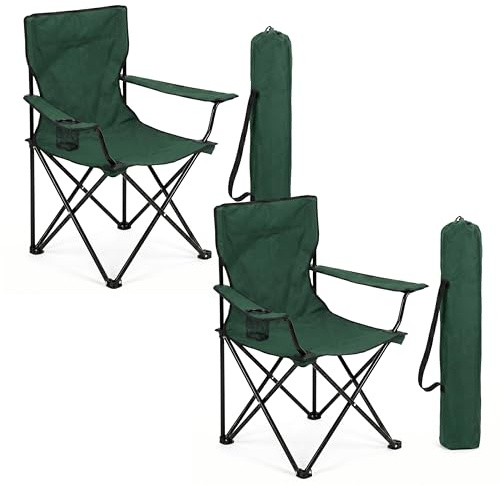FINE GARDEN Camping Chair set of 2 with Cary Bag, Lightweight Folding Camping Chair with Cup Holder, Comfortable Design Chairs with Armrests For Outdoor, Professional Travel & Garden Seating (Green)