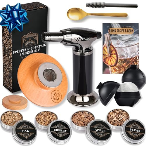 Cocktail Smoker Kit - Whiskey Bourbon Drink Smoker with Torch, Custom Top, 2 Ice Ball Makers, 4 Flavors Wood Chips - Smokers for Whiskey Drinks - Cocktail Drink Smoking Kit - Unique Gifts for Him
