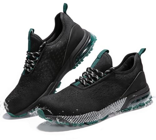 SPIEZ Zapatos de Seguridad para Hombre Mujer Ligeros Slip-on, Antideslizantes, Resistentes al Agua, Amortiguación de Aire, Cordones Decorativos, Negro Verde, EU36