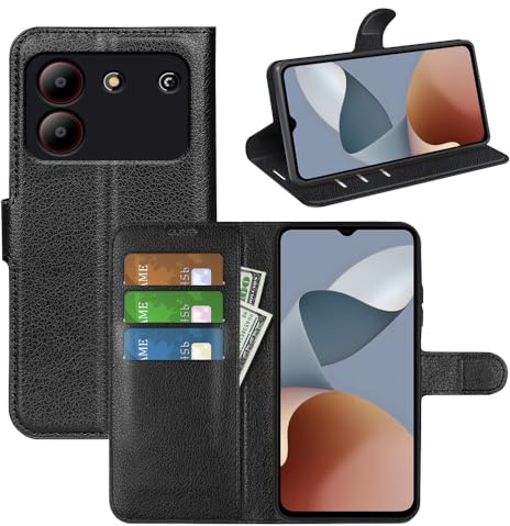 JIUNINE Hülle für ZTE Blade A54, Handyhülle PU Leder Flip Case Stoßfeste Tasche mit Kartenfach, Magnetschnalle, Silikon Bumper Klapphülle für ZTE Blade A54, Schwarz