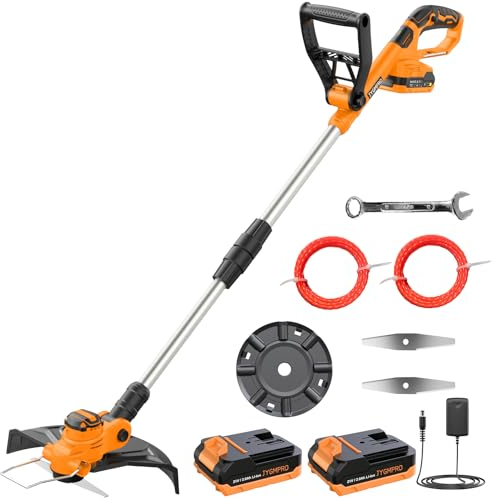 JYGMPRO 21V Akku Rasentrimmer, Akku Freischneider Bürstenloser mit 2 Batterien 2.0Ah, 2 Klingen,2 Mähfäden,Teleskoprohr, Verstellbarer Griff,90°Schwenkbarem Kopf für Rasen und Anderen Gartenarbeiten