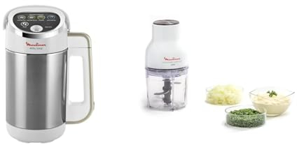 Moulinex Blender chauffant, 1000 W, Capacité 1.2 L, 5 programmes automatiques & Hachoir électrique, Fonctions 3-en, Emince, Hache, Mixe, 300 W, 4 lames, 400 ml, Système de pression simple