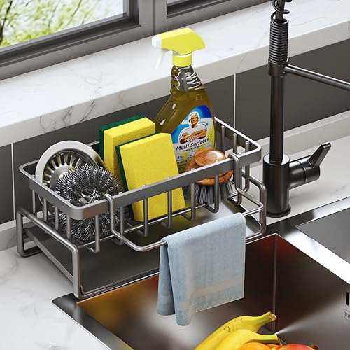 ViWaVee Organizador Cocina, Organizador Fregadero con Bandeja de Drenaje Autodrenante para Soporte de Esponja, Toallero, Soporte para Paños Cocina, Súper Accesorios para Baño-Gris.