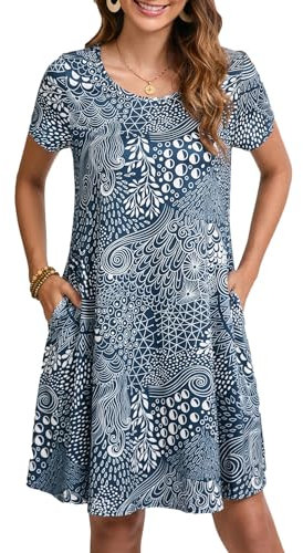 Enmain T-Shirt Dress for Women Summer Short Sleeve Tunic Dress with Pockets Boho Knee Length Ladies Casual Dresses, Blue, M