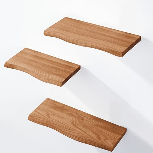 LAMO Manufaktur 3 étagères Murale en Bois avec Fixation Invisible 42/36/30cm | Etagère Murale en 100% Bois Massif | Etagère Murale pour Salon | Set 1 étagères Bord irrégulier Couleur: Foncé