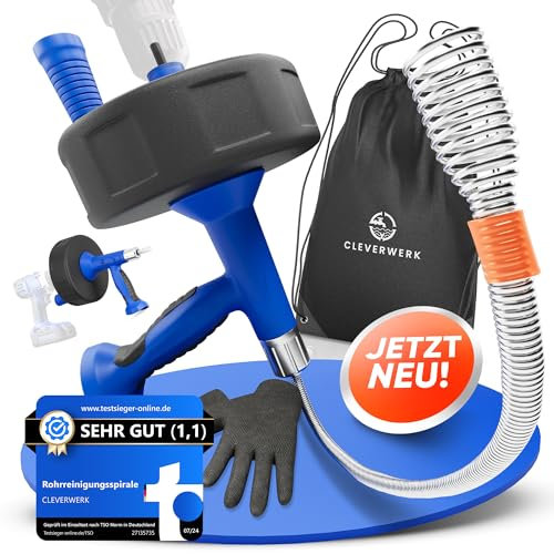 CLEVERWERK Rohrreinigungsspirale 7,5m [Spannfutter] Metermarkierungen Abflussreiniger Spirale Abfluss Rohrreinigung Abflussspirale für Waschbecken, Bad, Küche