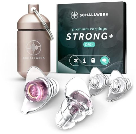 Schallwerk ® Strong+ Daily - unauffällige Gehörschutz Ohrstöpsel – dämpfen Lärm & erhalten Tonqualität – Ohrenstöpsel transparent - Earplugs geeignet für Musik, Festival, Arbeit & Lernen