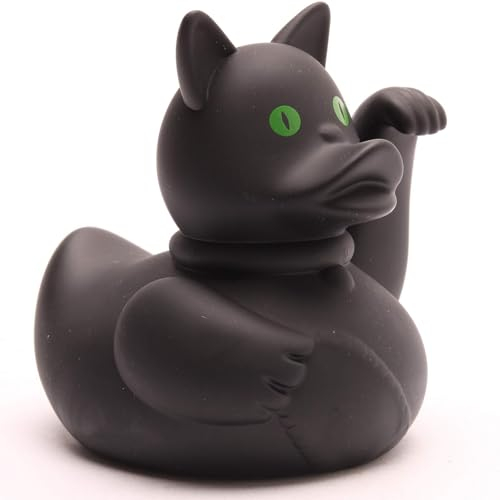 Duckshop I Winkekatze Badeente -schwarz - inkl. Quietscheentchen-Schlüsselanhänger im Set I L9cm I Quietscheente I Geschenk für Glück I Geschenk für Abergläubige