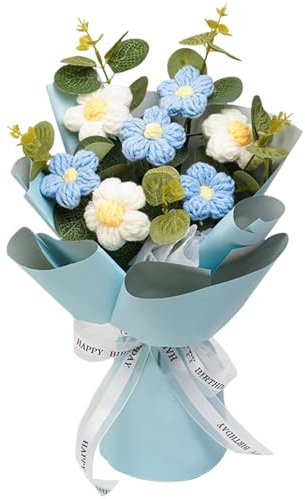 Cndiyald Fiori all'uncinetto, bouquet blu a maglia, fiori all'uncinetto fatto a mano finito, bouquet di fiori all'uncinetto, fiore conservato per arredamento, bouquet di fiori artificiali