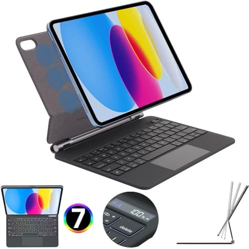 TECHGEAR Magic Keyboard Case for iPad 11 A16 (2025) & 10.9 (10th Gen 2022), Slim Magnetic Floating Stand, Bluetooth QWERTY, Multi-Touch Trackpad, 7-Color Backlit Keyboard for Students, Travel & Work