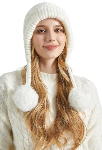 AIEOE Damen Pudelmütze Wintermütze Warm Kaninchen Pelz Mütze für Frauen Winter mit Bommel Pompons 56-58cm Weiß