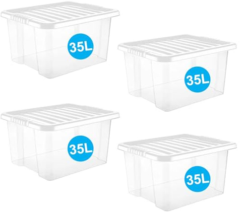 RelianceUK 4 X 35L Storage Box with Lids | Clear Plastic Storage Boxes for Clothes Shelves Shoes Crafts | Stackable, Nestable Storage Containers | Home Office Kitchen Schools (35 Litre / 4 Pack)