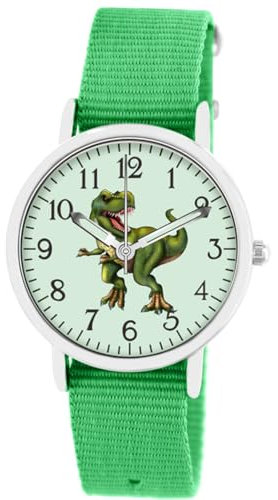 Brecjon Kinder Armbanduhr Jungen Jungenuhr Kids Dinosaurier T Rex Leucht Zifferblatt 5ATM Wasserdicht Textil Armband grün 5204