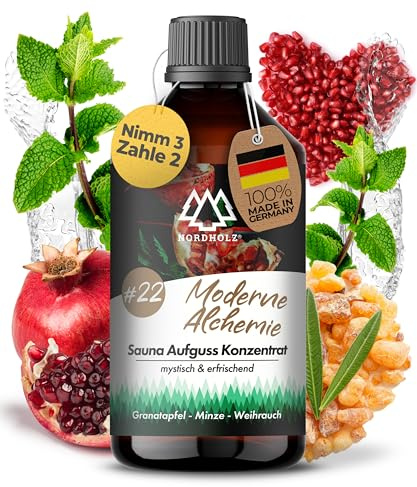 NORDHOLZ® Saunaaufguss 250ml [60 Sorten] Sauna Aufgussmittel Konzentrat | Sauna Duft · #22 Moderne Alchemie · Pfefferminze, Granatapfel & Weihrauch · Mit ätherischen Ölen · Made in Bayern