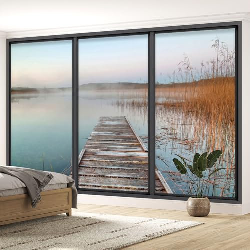 Papier peint panoramique Trompe l'oeil baie vitrée - Ponton lac - Largeur 130 cm x Hauteur 78 cm