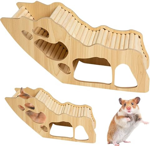 NAVESO Wooden Hamster Tunnel, Hamster Hideout with Ladder Wooden, Hamster House Syrian Hamster Toys, Wooden Bridge Hide Hamster, Hamster Climbing Toys Hamster Cage Accessories for Syrian Dwarf Hamster
