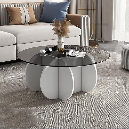 Mesa de centro redonda moderna con parte superior de cristal y base de madera maciza, color blanco y negro, 71 x 40 cm