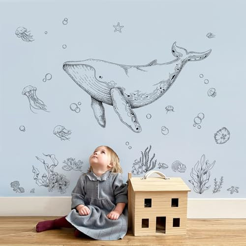 Supzone Wandtattoo Großn Whale Schwarzer und weißer Wandaufkleber Fisch Quallen Seetang Gras Wandsticker Unter dem Meer für Kinderzimmer Babyzimmer Badezimmer Wanddeko